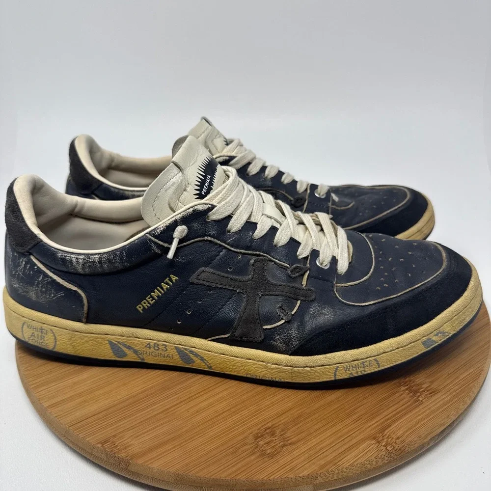 Premiata Clay 6907 Navy Leather Distressed Sneakers Mens Sz 45/12 Low Top Shoes